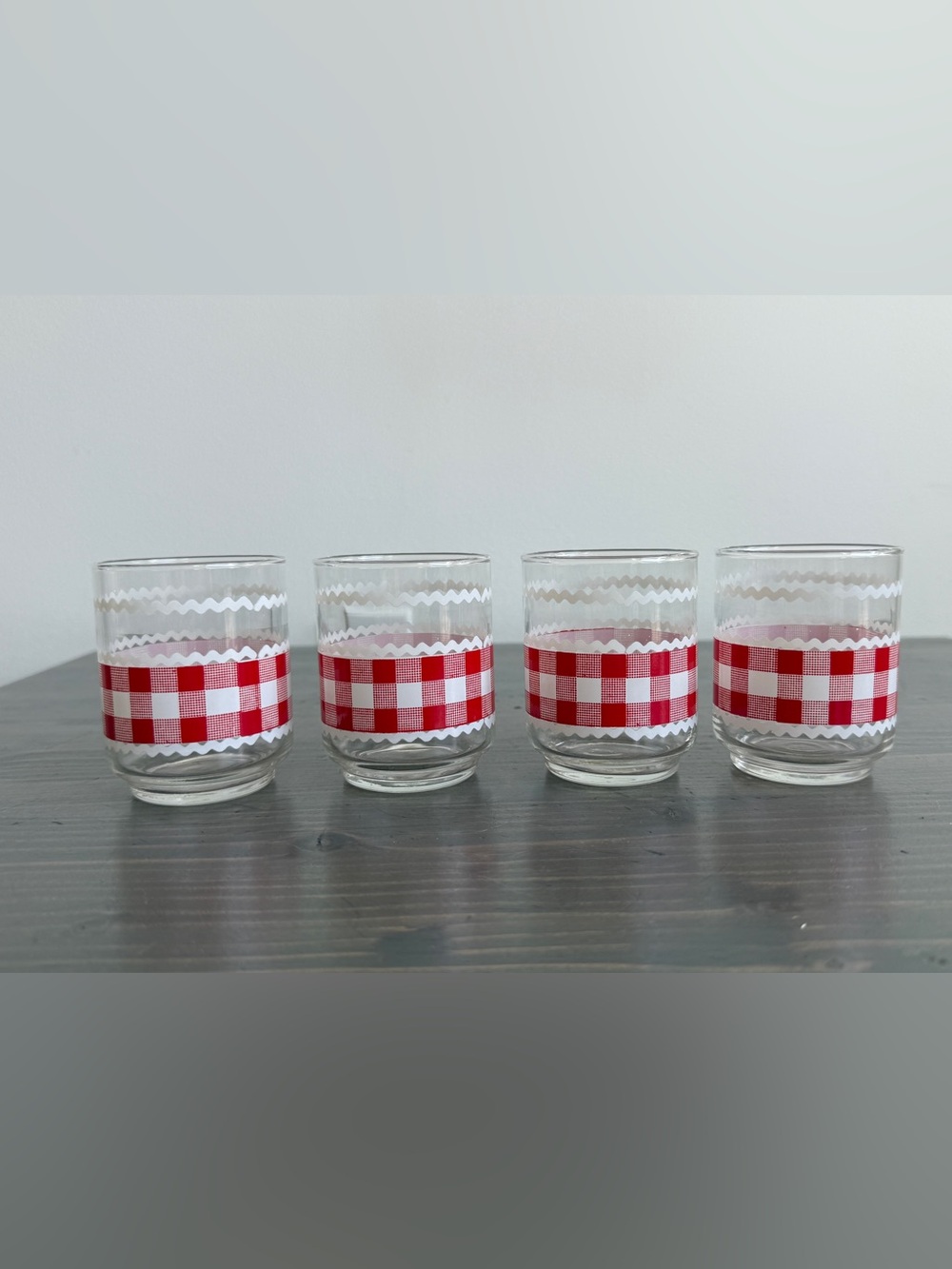 4 x vintage Libby red county gingham glasses